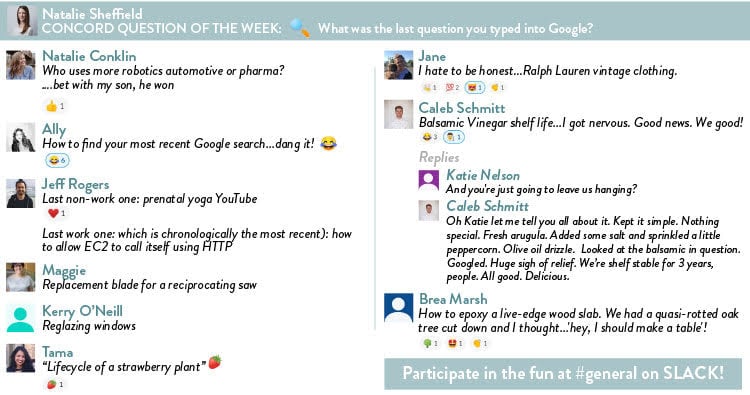 Screenshot of Slack's Question of the Week conversations.