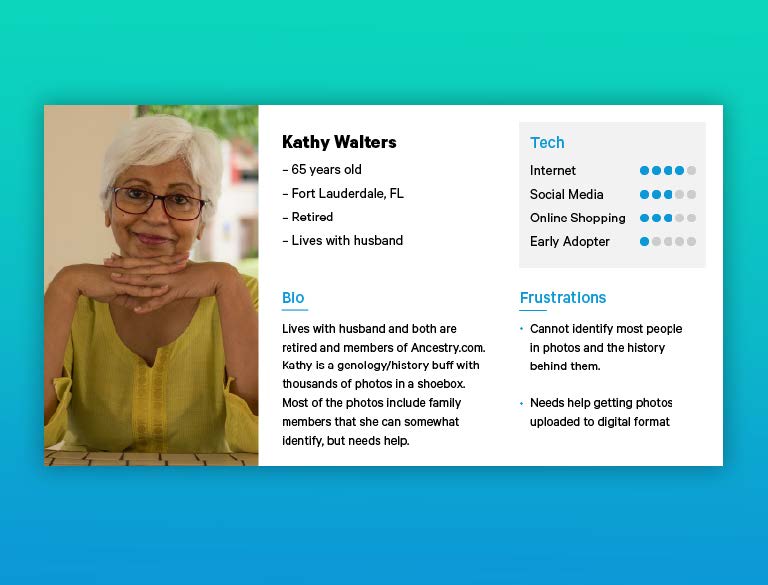 Headshot of woman accompanied by her "Bio", "Tech" usage, and "Frustrations".